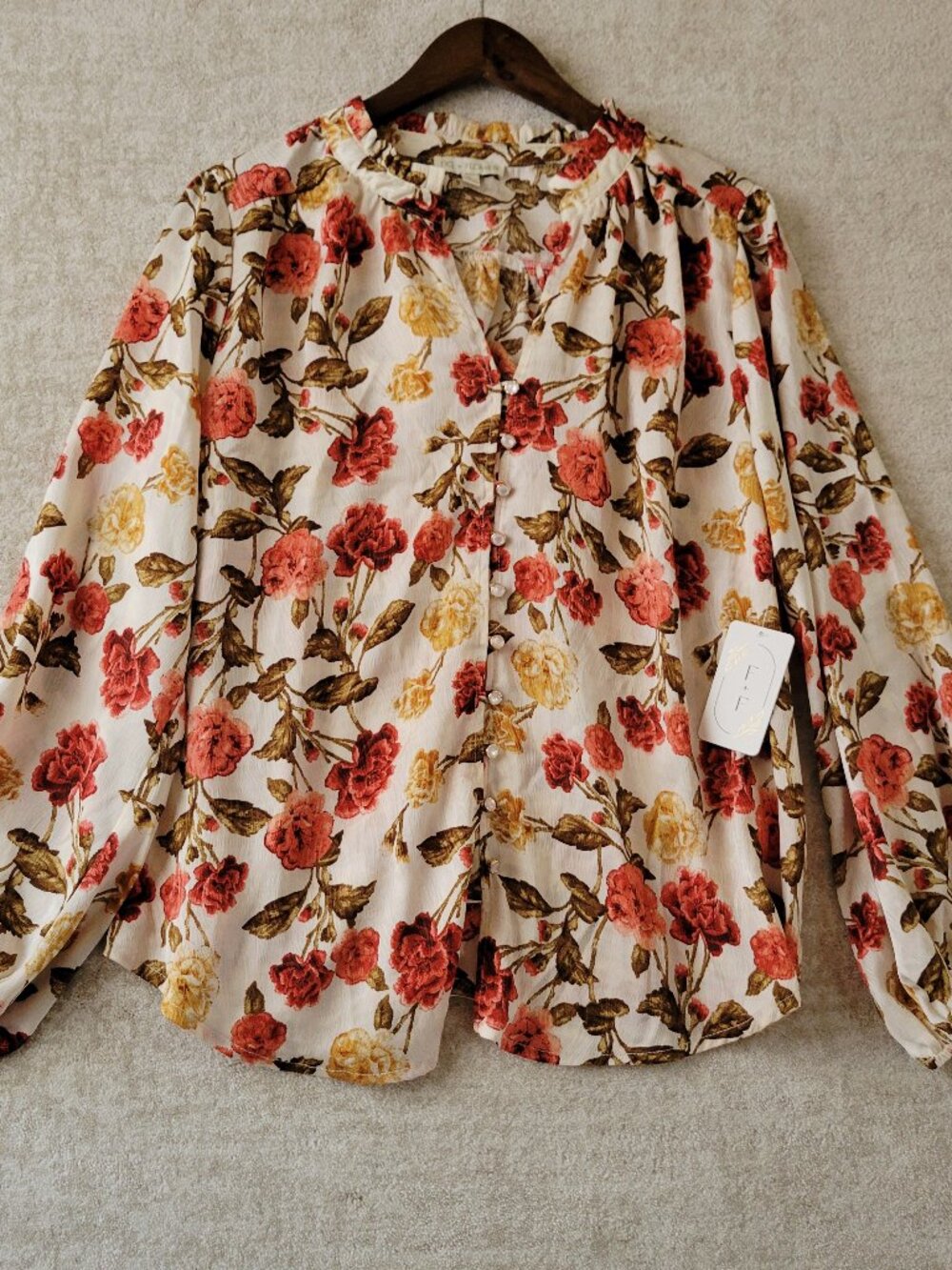 Fig & Flower Cream Rose Floral Ruffle Neck Button Blouse Boho XL Earthy Autumn